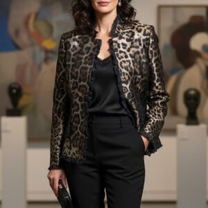 Vtg 90's Dana Buchman Silk Animal Print Frayed Ruffle Trim Blazer 10P